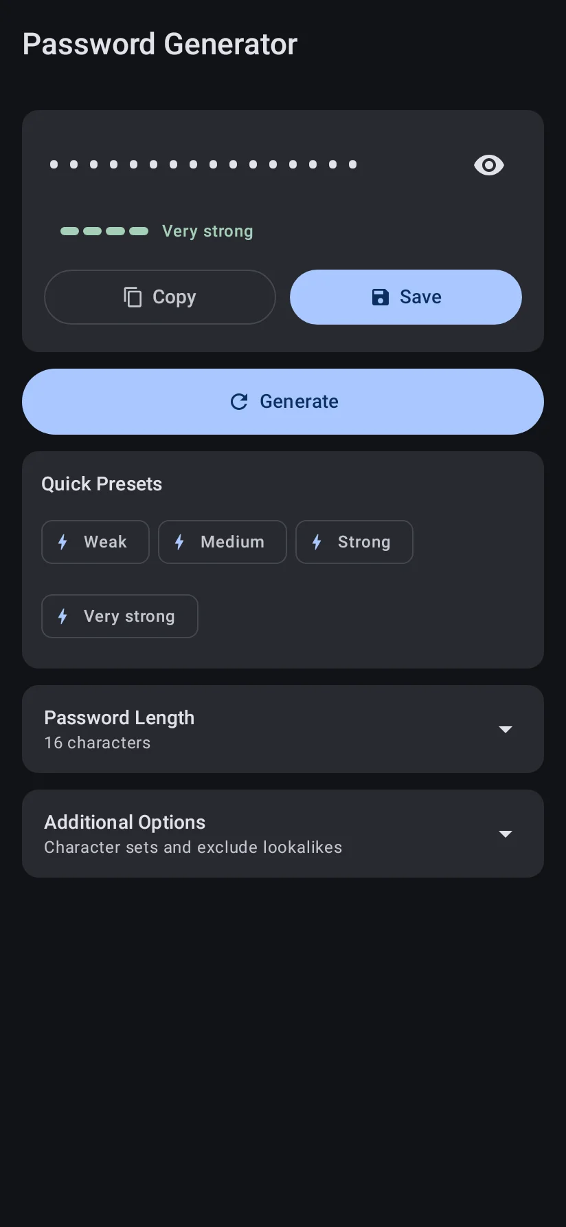 Password Generator with length, character sets and quick presets