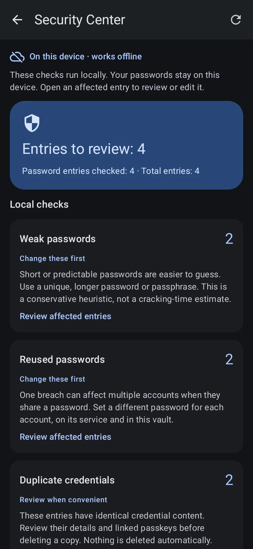 Local Security Center showing weak, reused and duplicate credentials